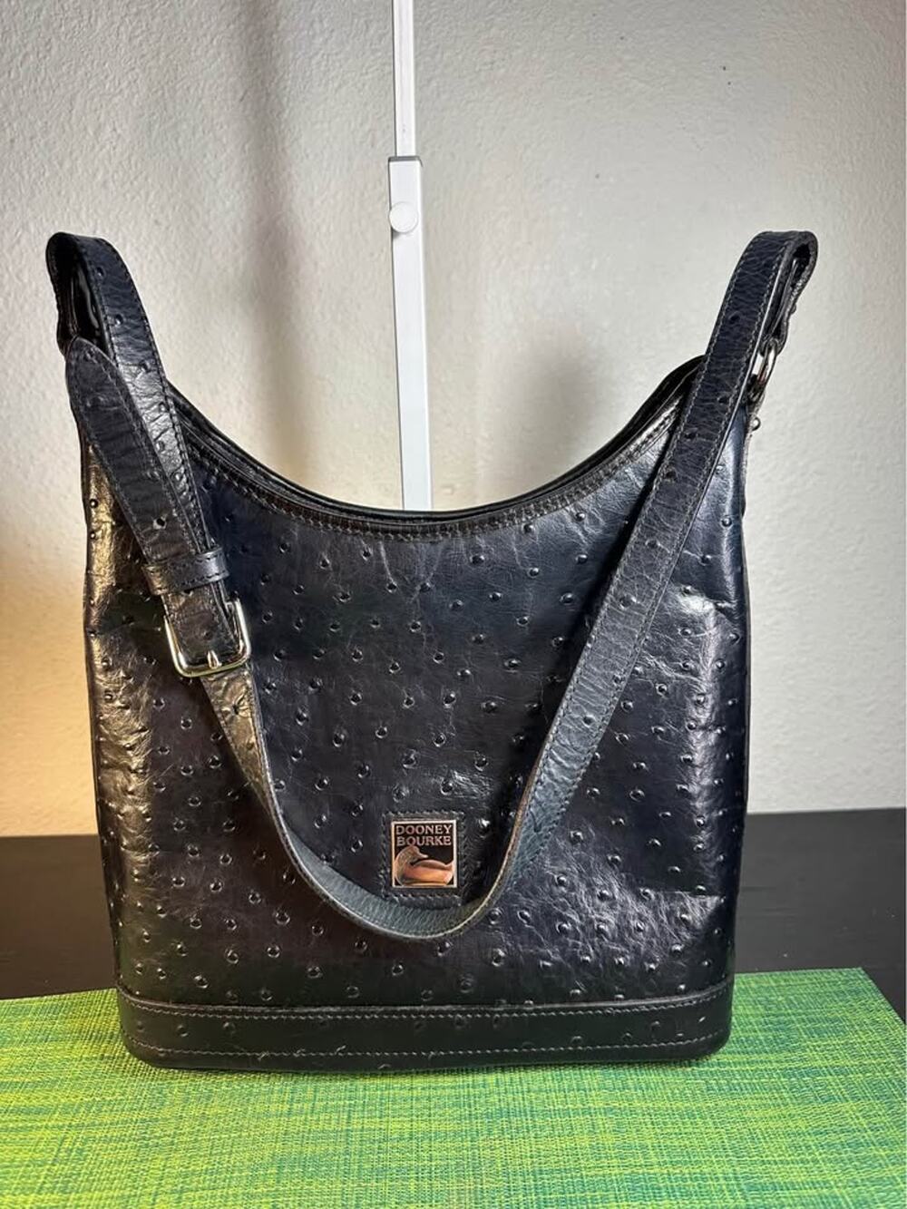 Vintage Dooney & Bourke Black Ostrich-Embossed Leather Hobo Bag - Black